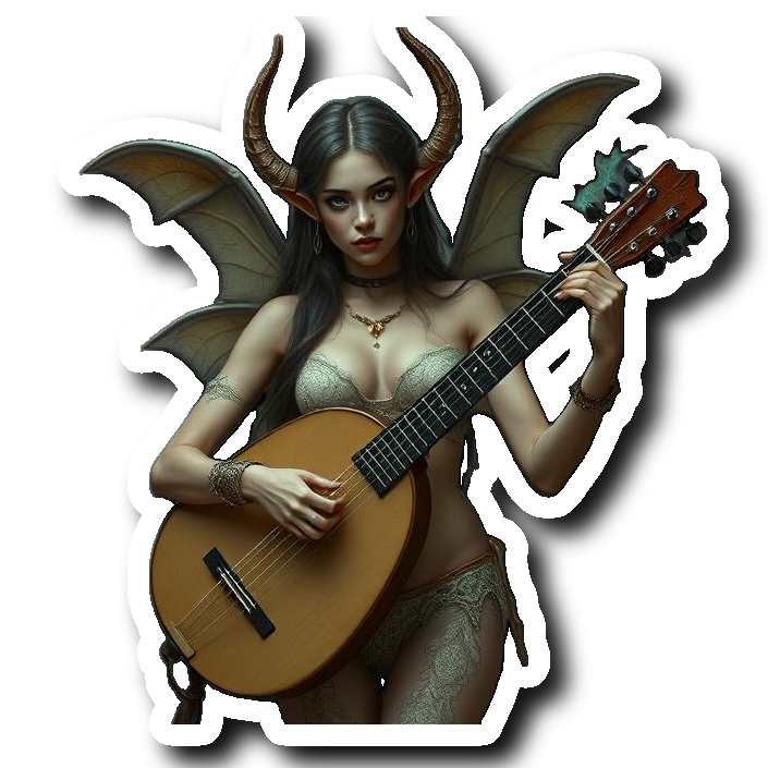 Bard Goth Elf in lace bikini holding a lute with magical strings