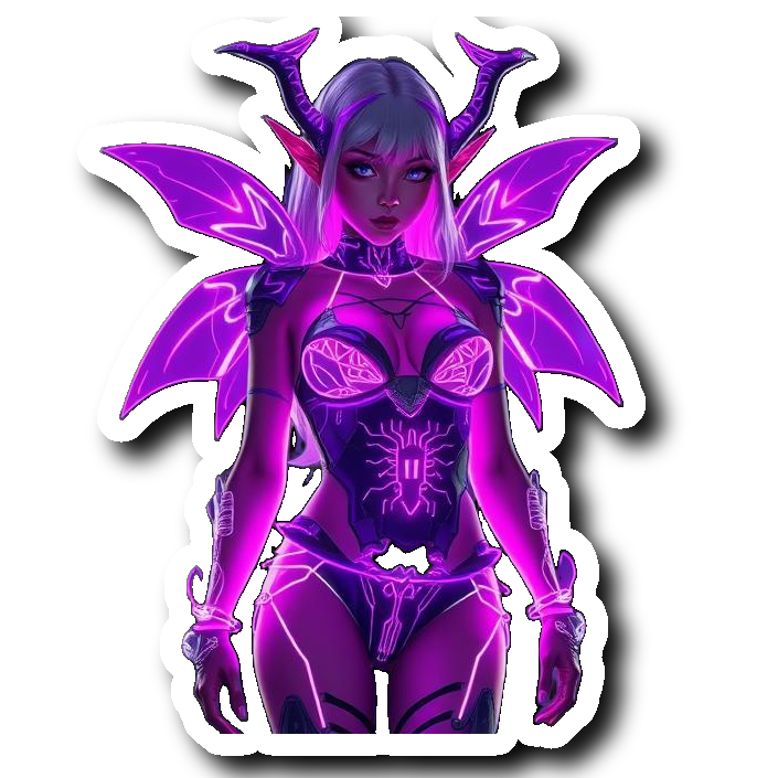 Cyber-Goth Elf in a neon purple tech bikini with glowing circuit patterns
